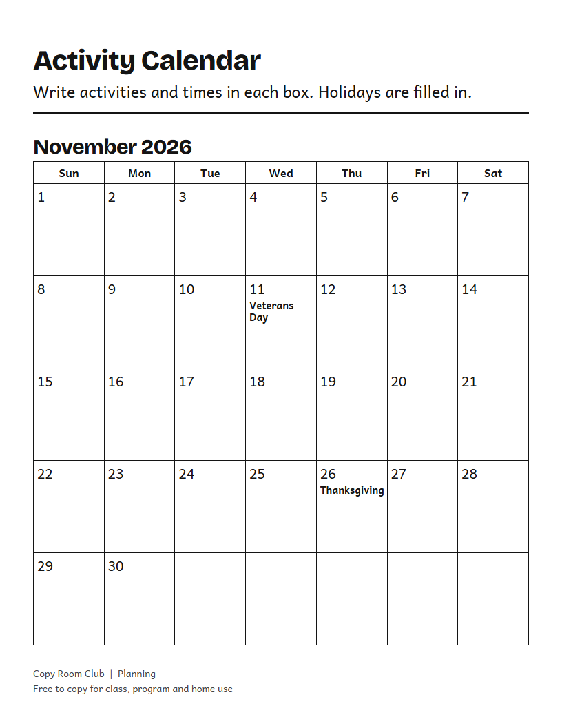 Example of the Activity Calendar Template (Printable) printable