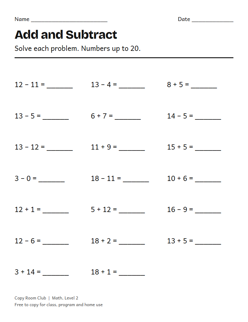 Example of the Addition and Subtraction Worksheets printable, Level 2