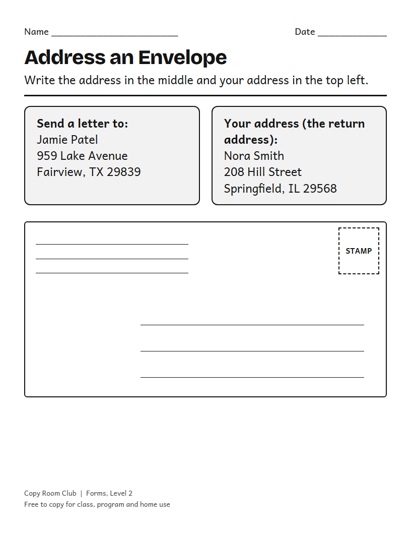 Example of the Addressing an Envelope Worksheet printable, Level 2