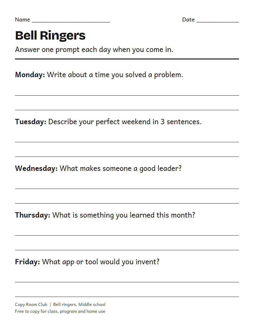 Example of the Bell Ringers (Printable Warm-Up Prompts) printable, Level 2