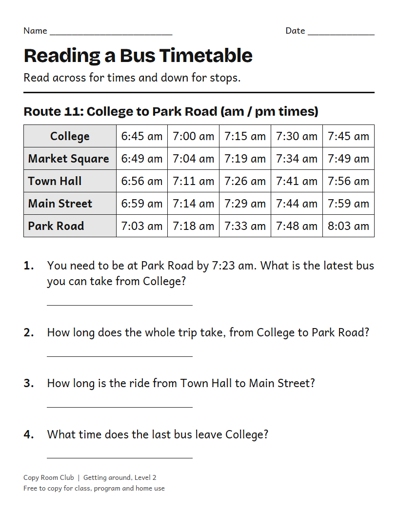 Example of the Reading a Bus Timetable Worksheets printable, Level 2