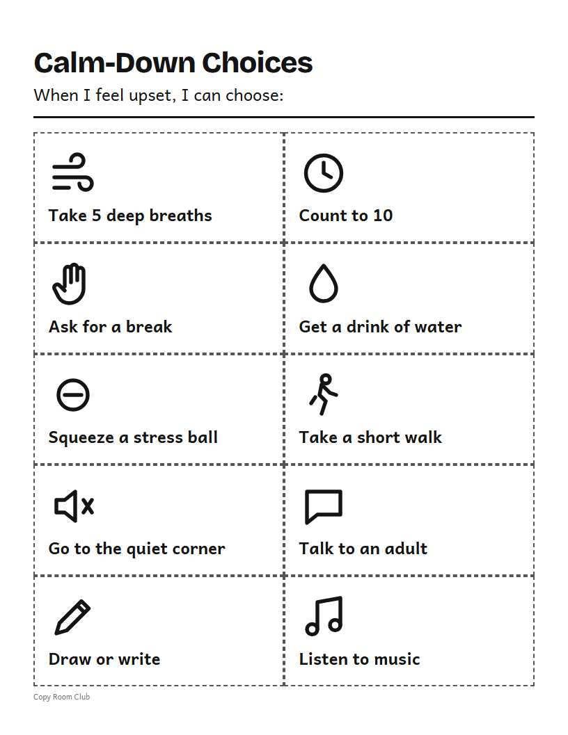 Example of the Calm Down Choices Printable printable