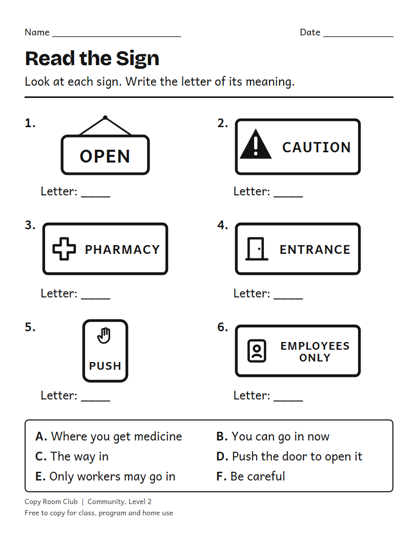 Example of the Community Signs Worksheets for Teens and Adults printable, Level 2
