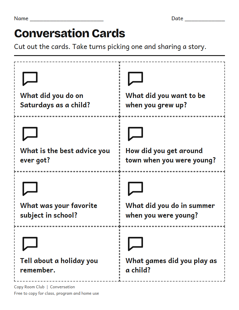 Example of the Conversation Cards for Seniors (Reminiscence Questions) printable