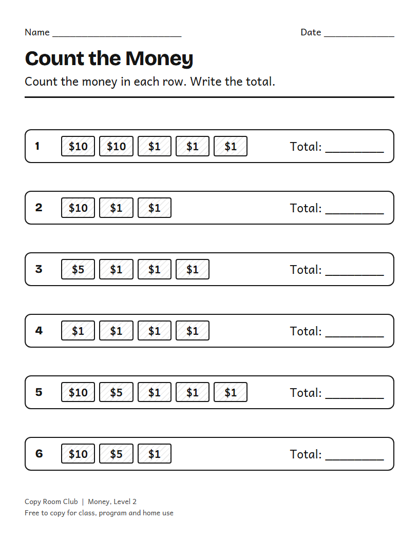 Example of the Counting Money Worksheets for Teens and Adults printable, Level 2