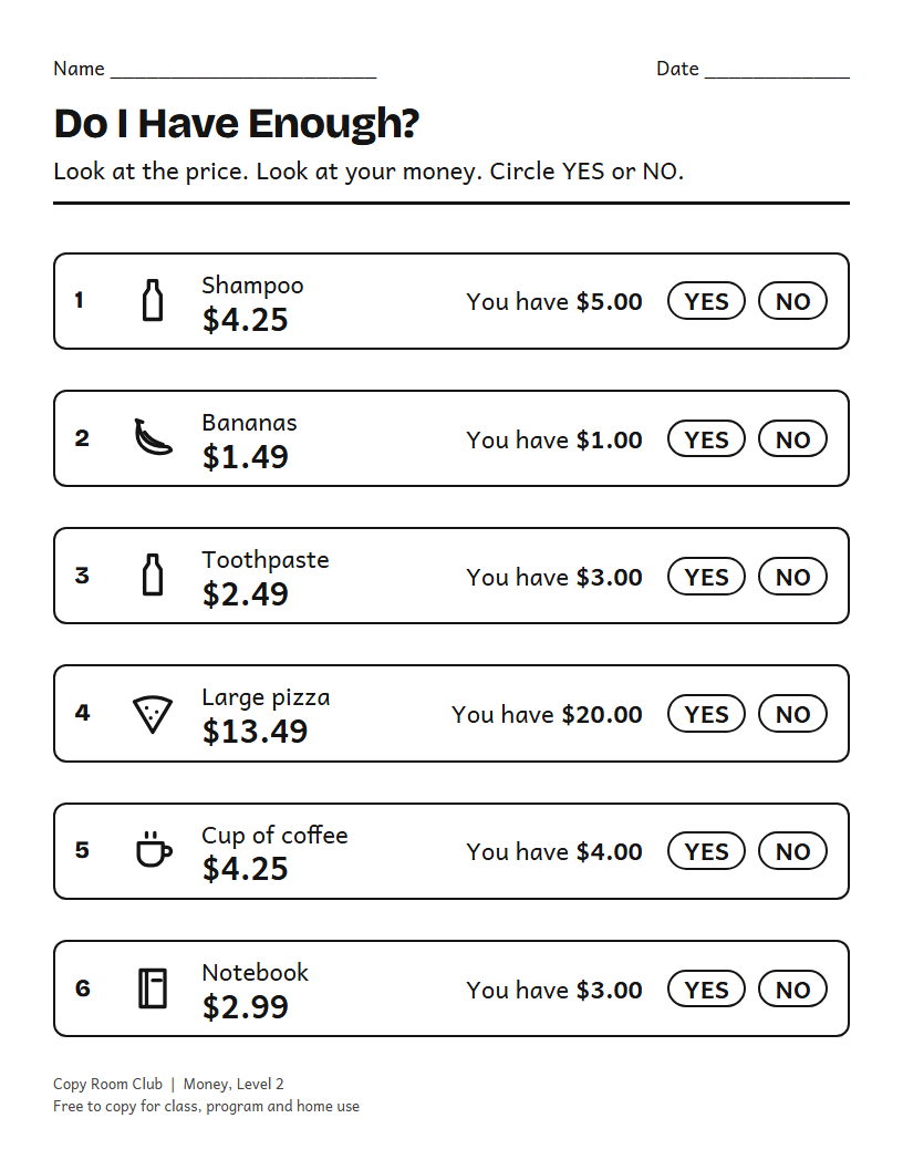 Example of the Do I Have Enough Money? Worksheets (Life Skills) printable, Level 2