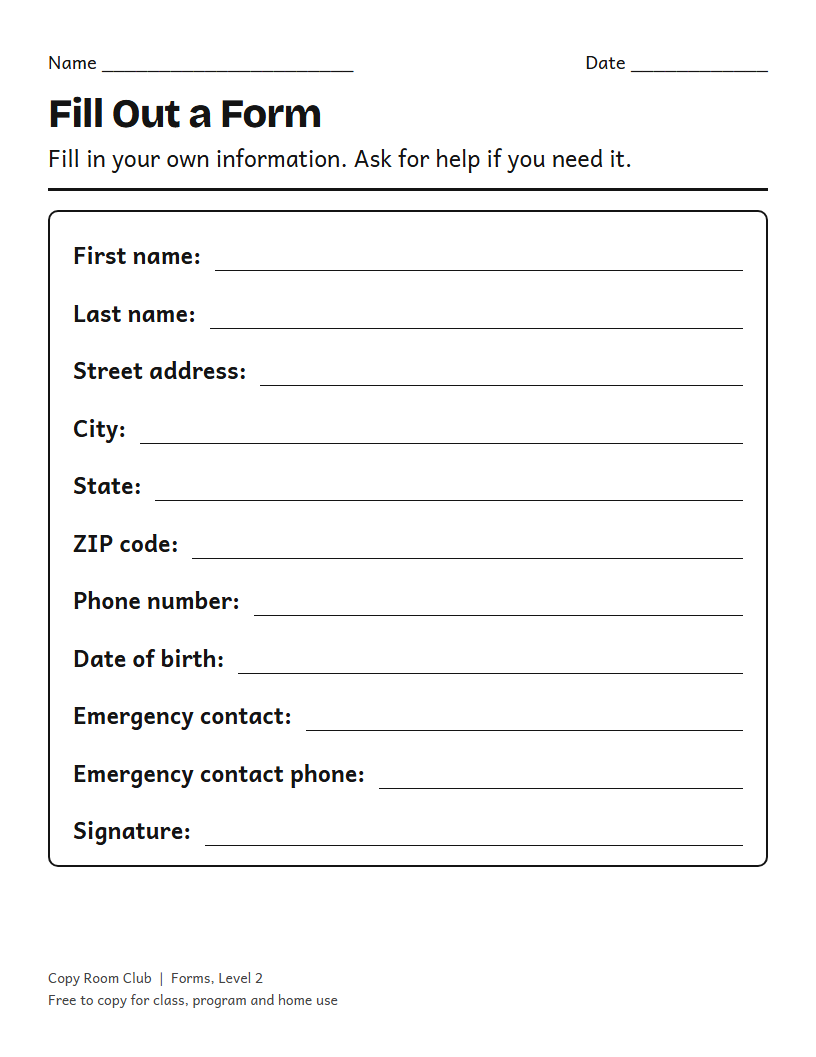 Example of the Filling Out Forms Worksheets (Life Skills) printable, Level 2