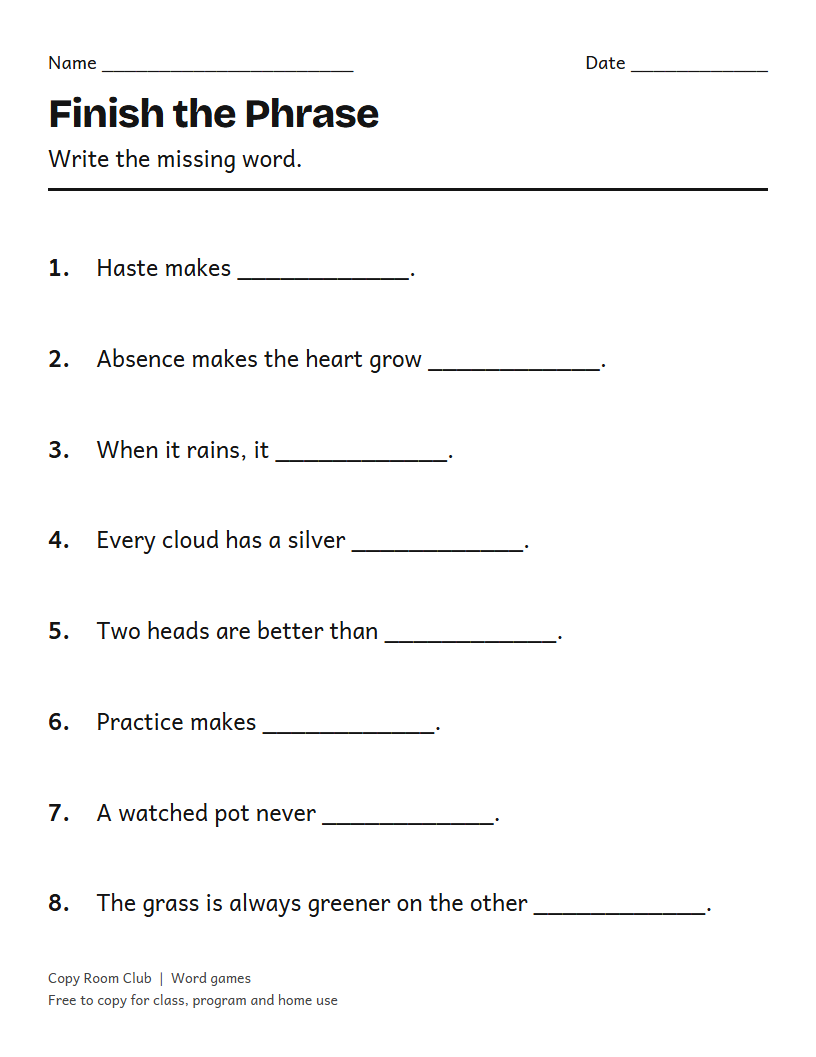 Example of the Finish the Phrase (Printable Activity for Seniors) printable, Level 2