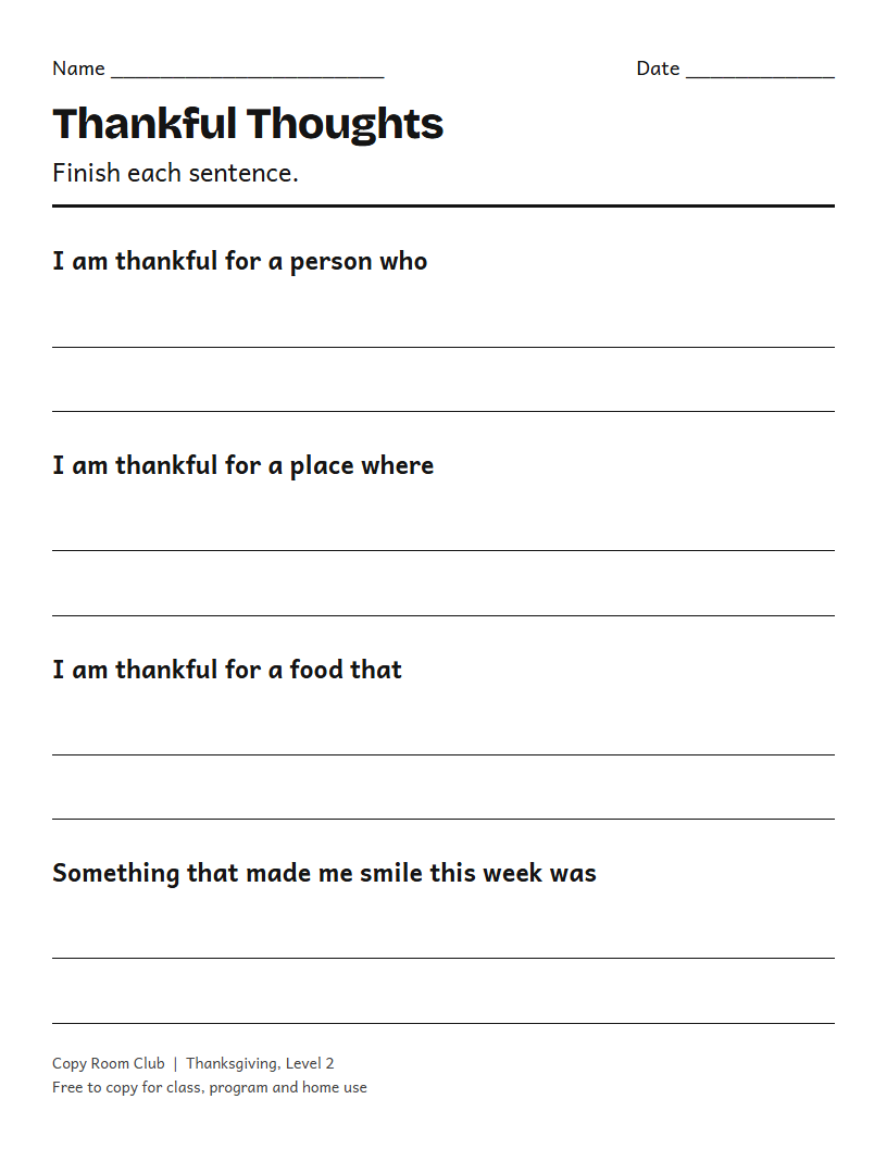 Example of the Thankful Thoughts Gratitude Worksheet printable, Level 2