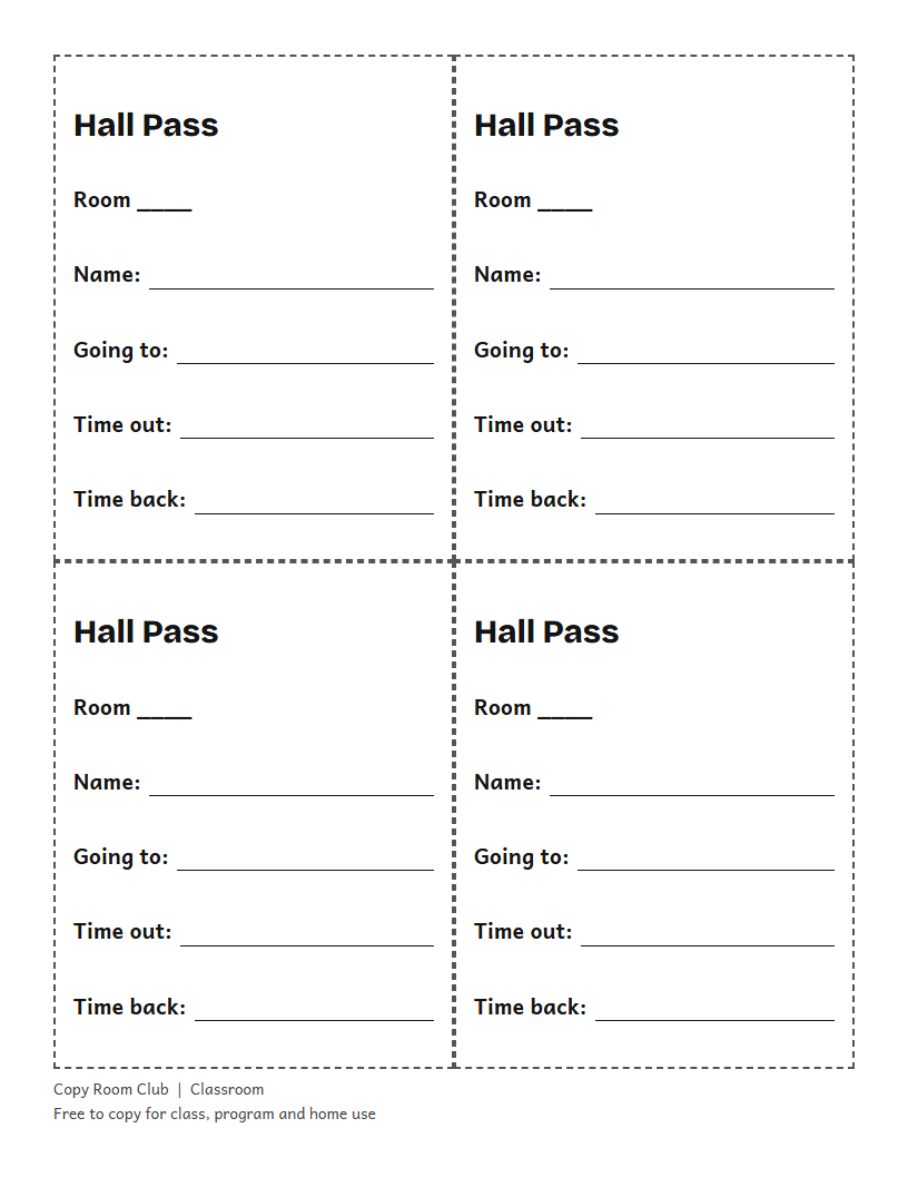 Example of the Printable Hall Passes printable