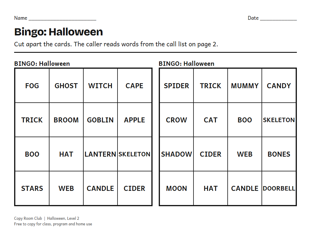 Example of the Halloween Bingo Cards (Printable) printable, Level 2