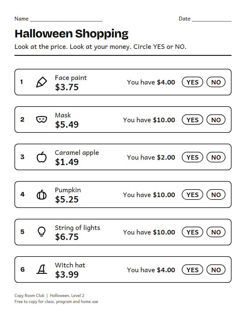 Example of the Halloween Money Worksheet (Do I Have Enough?) printable, Level 2