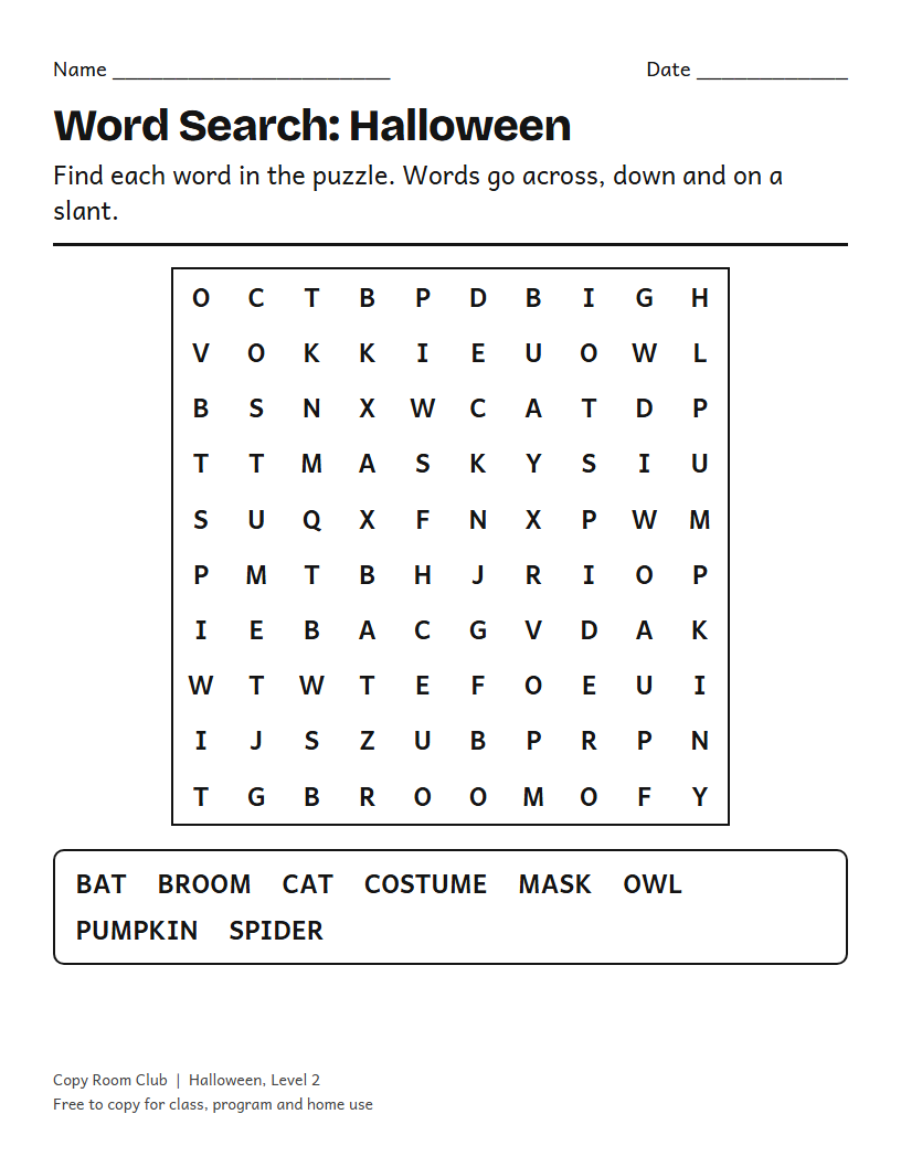 Example of the Halloween Word Search (Printable) printable, Level 2
