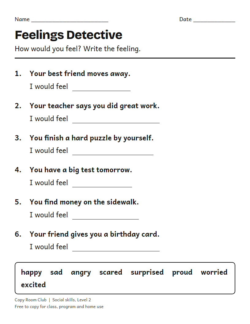 Example of the Identifying Feelings Worksheets printable, Level 2