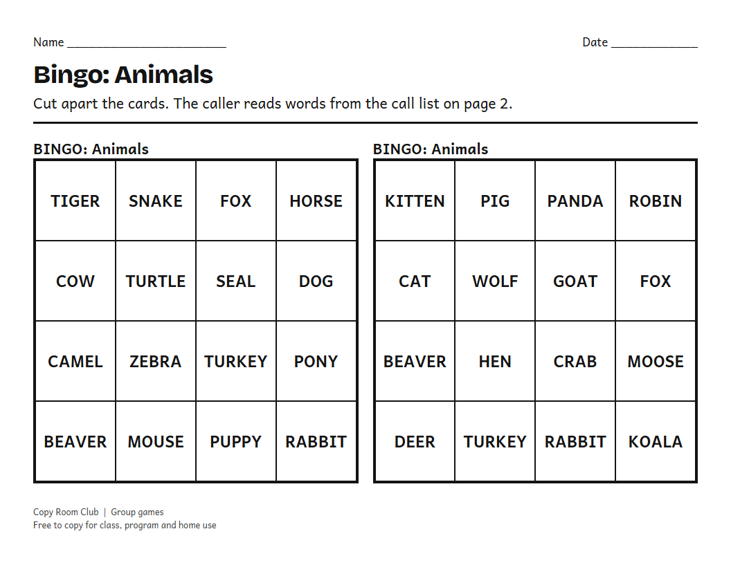 Example of the Large Print Bingo Cards (Printable) printable, Level 2