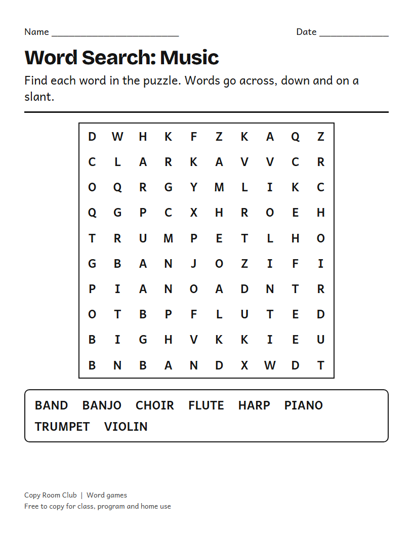 Example of the Large Print Word Search for Seniors printable, Level 2