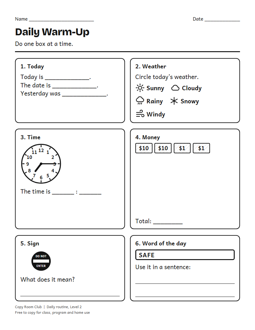 Example of the Life Skills Daily Warm-Up printable, Level 2