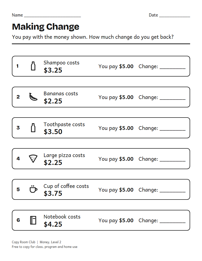 Example of the Making Change Worksheets for Teens and Adults printable, Level 2