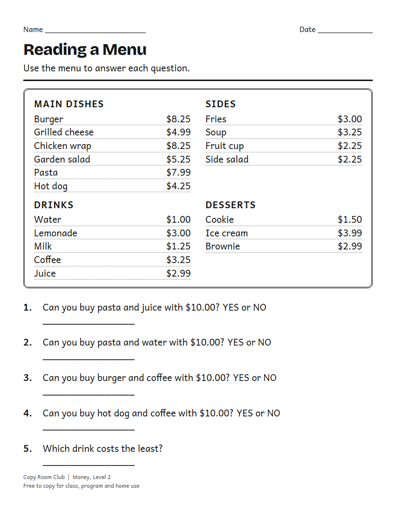 Example of the Menu Math Worksheets (Life Skills) printable, Level 2