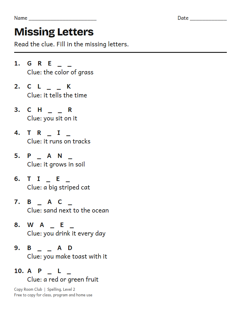 Example of the Missing Letters Worksheets printable, Level 2