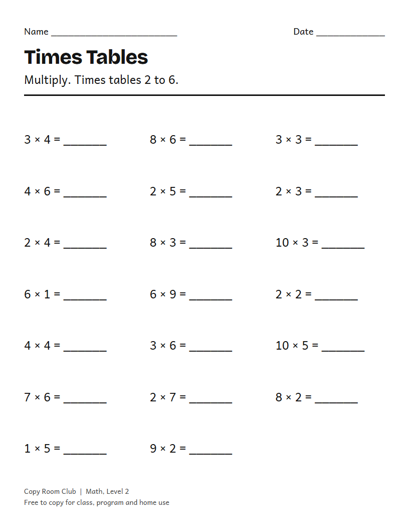 Example of the Multiplication Facts Worksheets (Times Tables) printable, Level 2