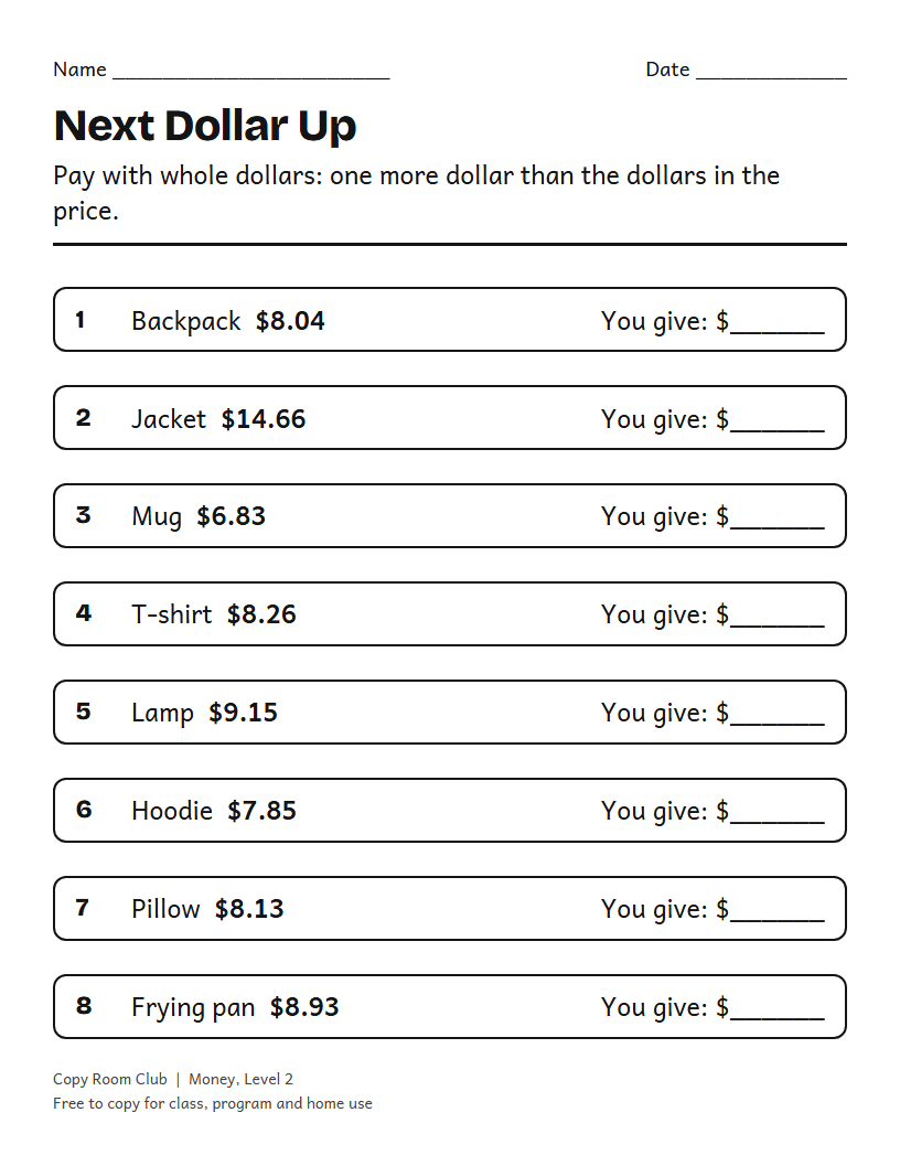Example of the Next Dollar Up Worksheets printable, Level 2