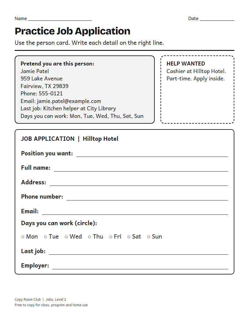 Example of the Practice Job Application (With a Pretend Person) printable, Level 2