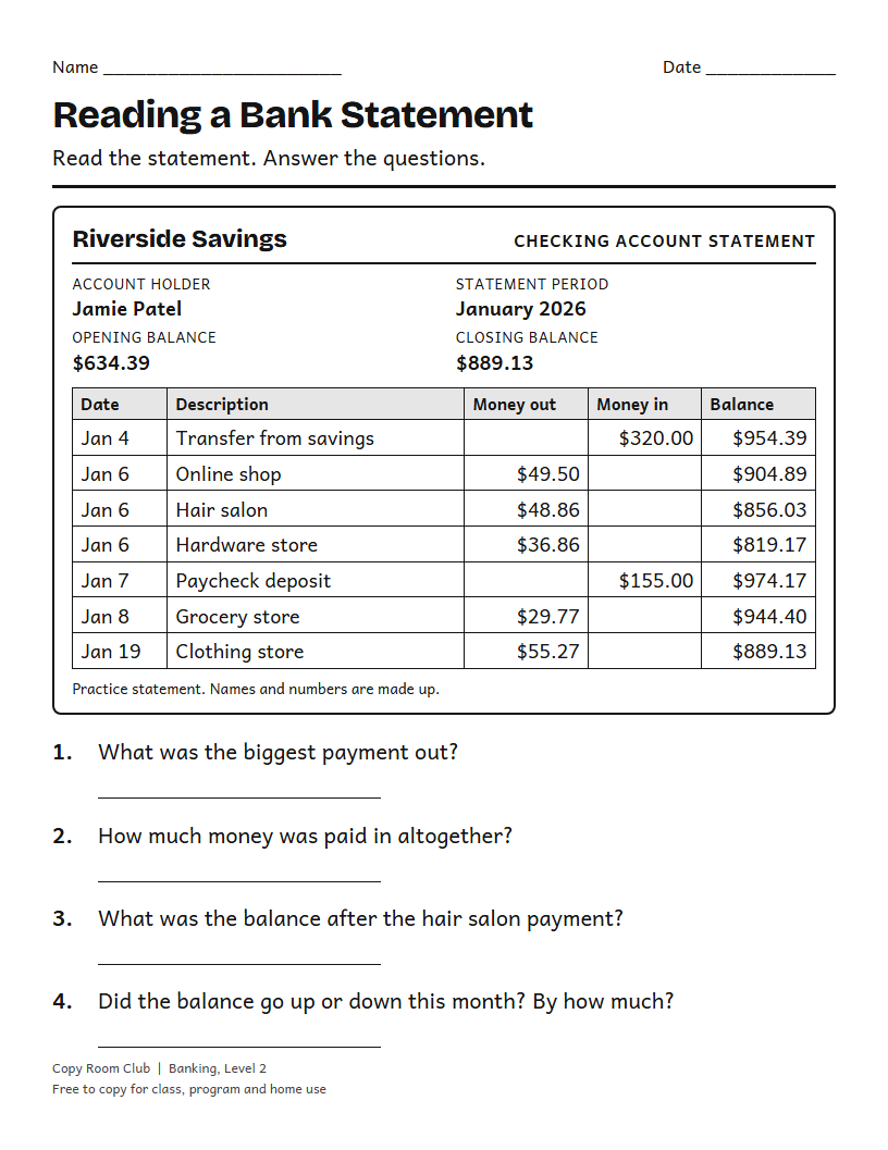 Example of the Reading a Bank Statement Worksheets printable, Level 2