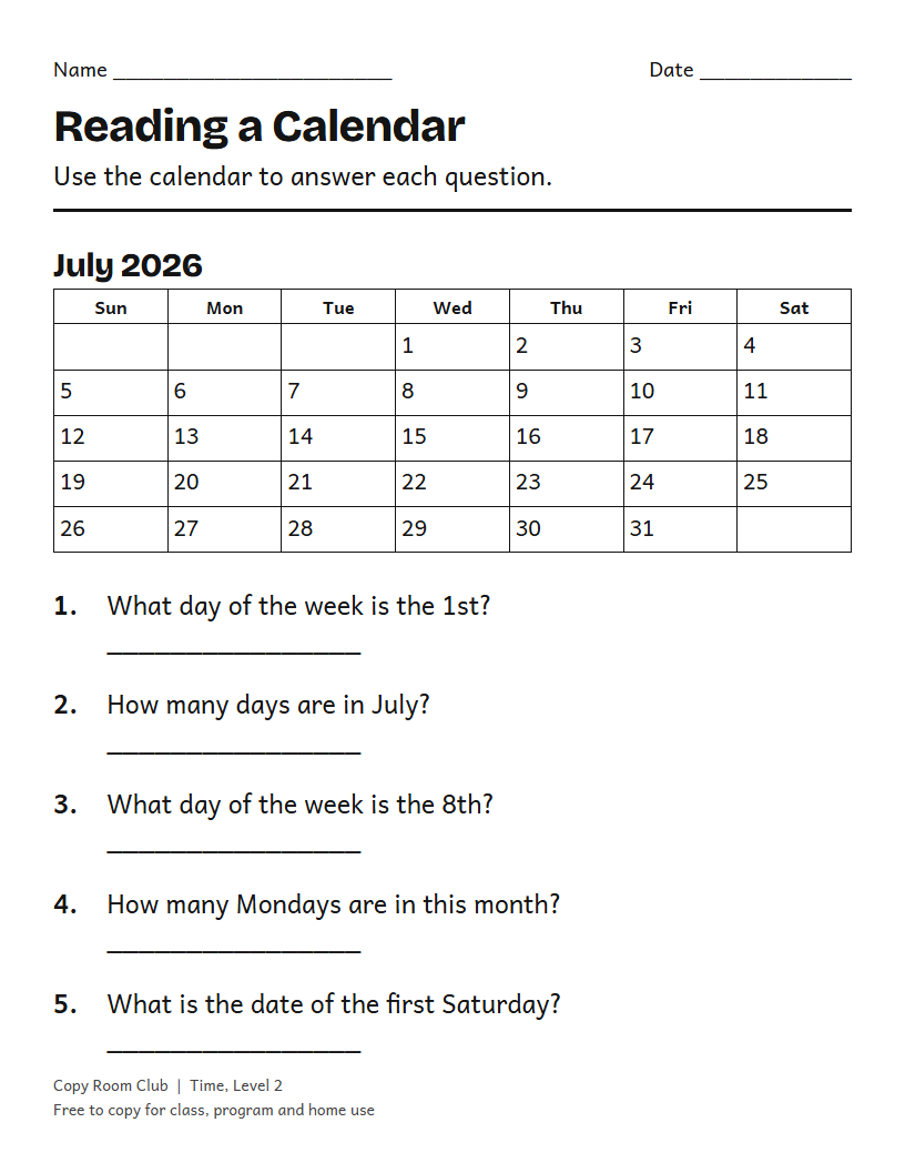 Example of the Reading a Calendar Worksheets (Life Skills) printable, Level 2
