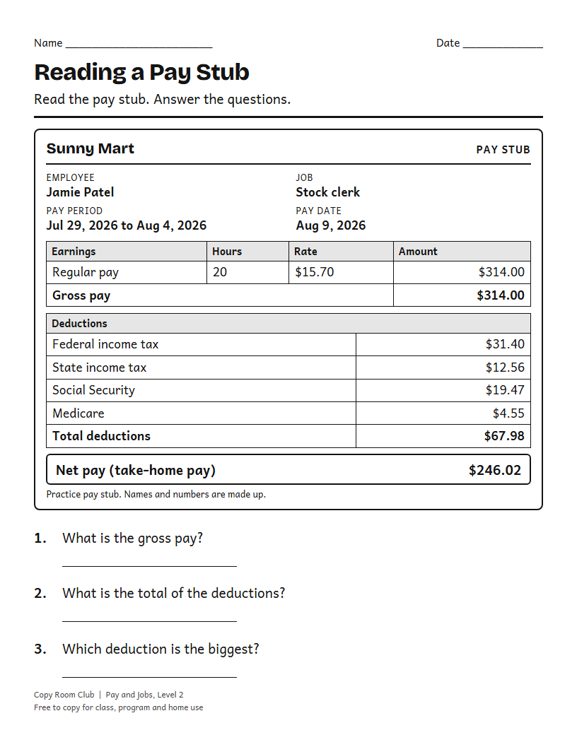 Example of the Reading a Pay Stub Worksheets (Payslips) printable, Level 2