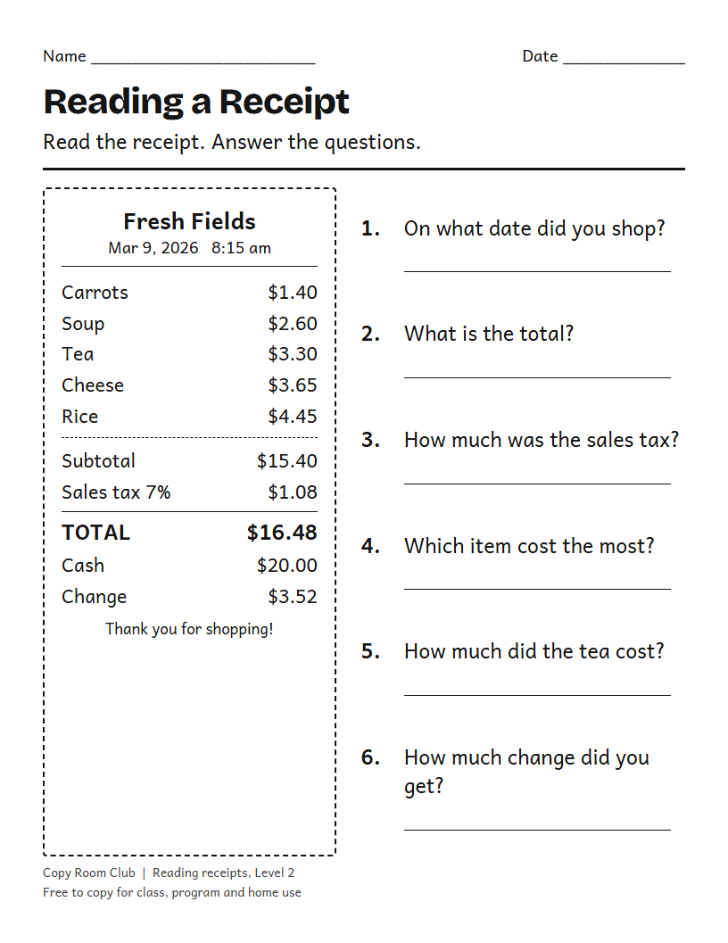 Example of the Reading a Receipt Worksheets printable, Level 2