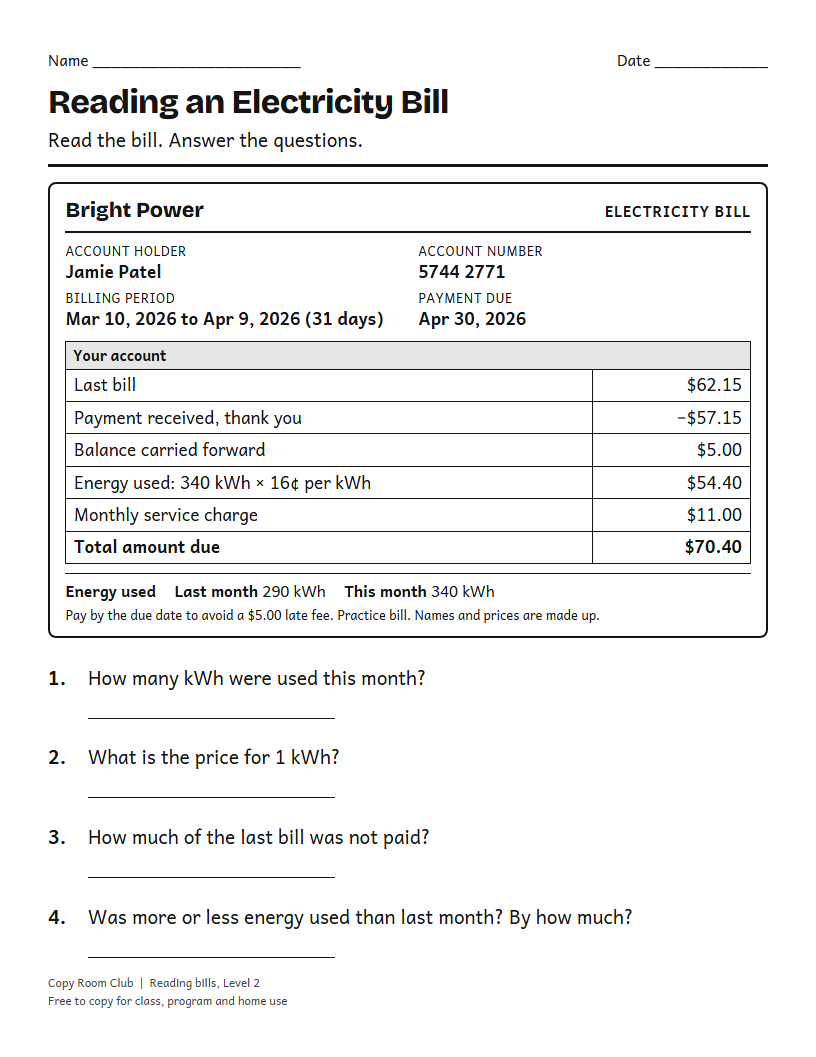 Example of the Reading a Utility Bill Worksheets (Electricity Bill) printable, Level 2