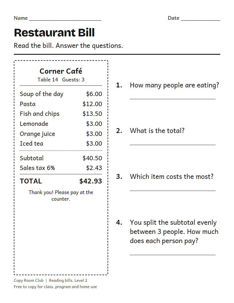 Example of the Restaurant Bill Worksheets (Split the Bill and Tip) printable, Level 2