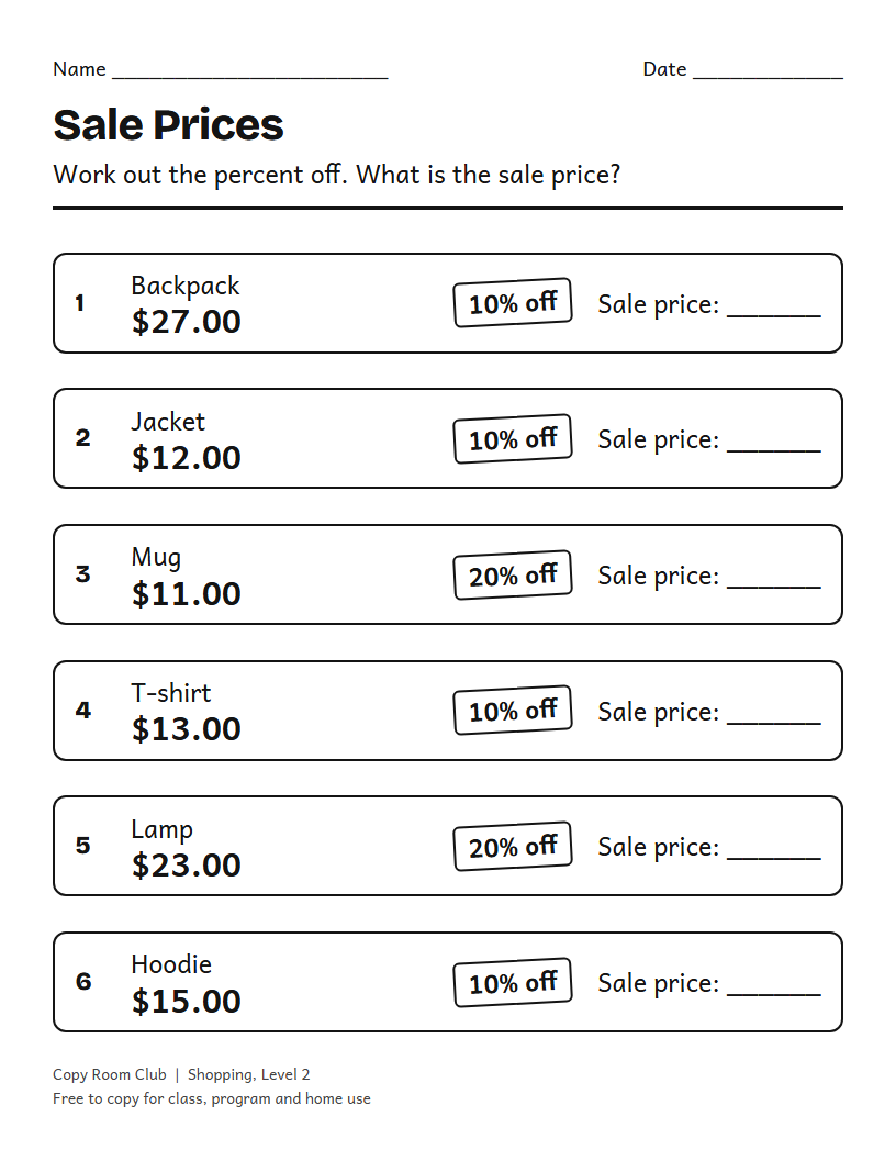 Example of the Sale Price Worksheets (Percent Off and Coupons) printable, Level 2