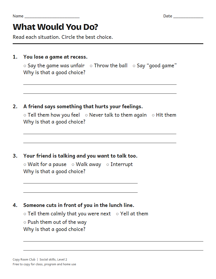 Example of the Social Skills Scenarios Worksheets (School, Work and Community) printable, Level 2