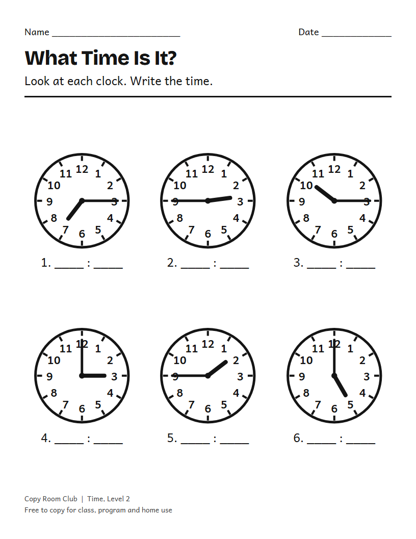 Example of the Telling Time Worksheets for Teens and Adults printable, Level 2
