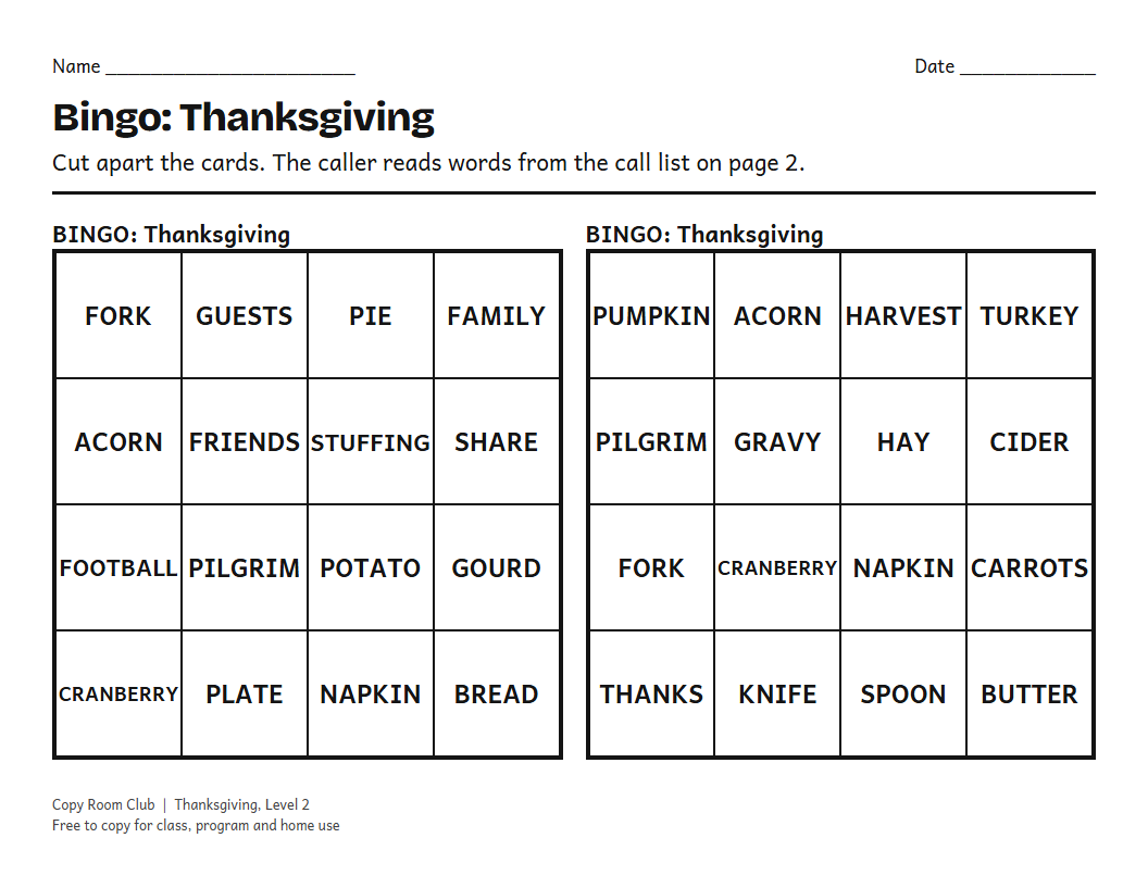 Example of the Thanksgiving Bingo Cards (Printable) printable, Level 2