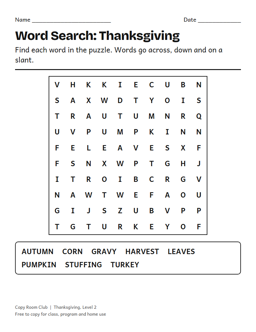 Example of the Thanksgiving Word Search (Printable) printable, Level 2
