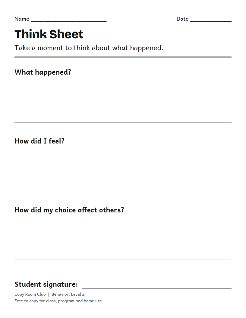 Example of the Think Sheet (Behavior Reflection) printable, Level 2