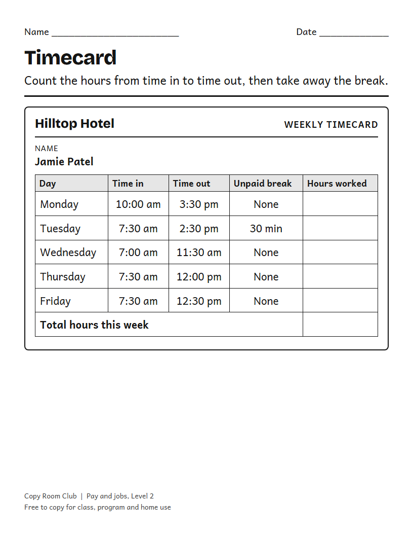 Example of the Timecard Worksheets (Hours Worked and Pay) printable, Level 2