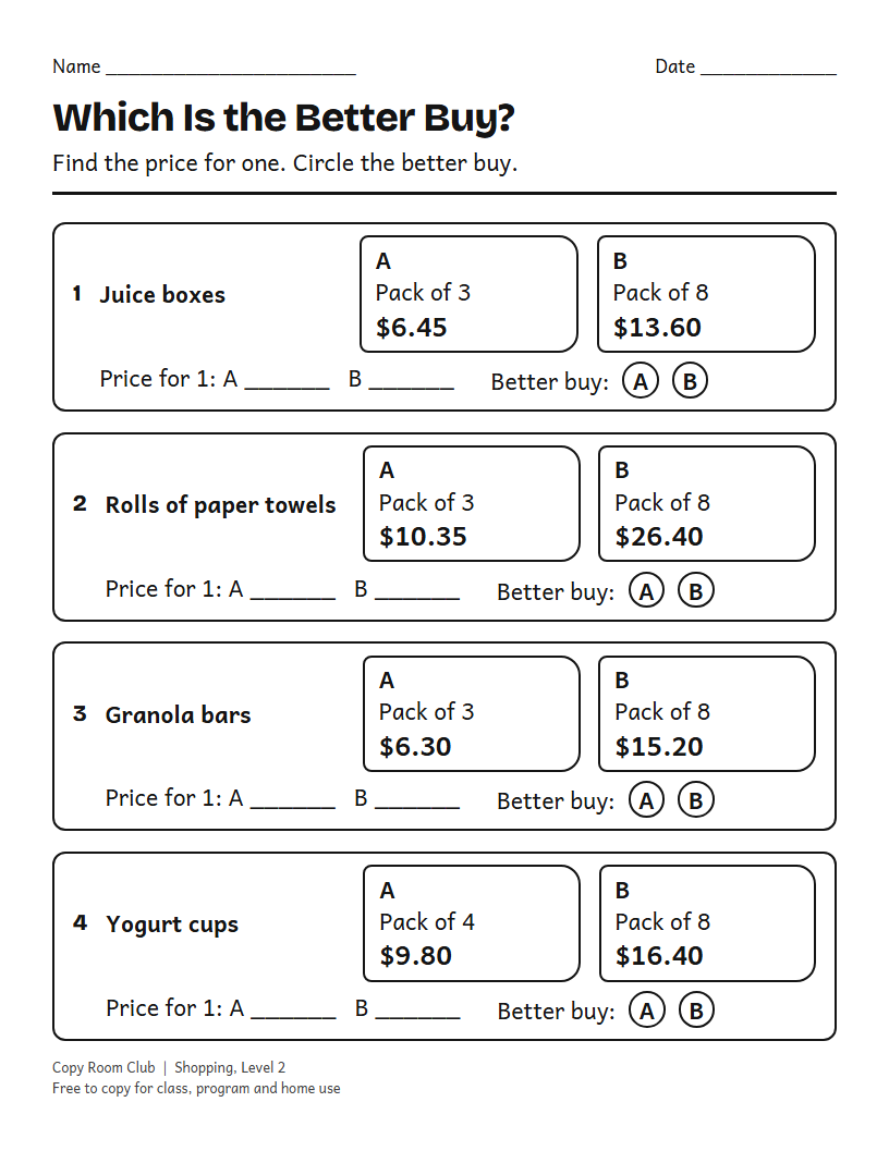 Example of the Unit Price Worksheets (Which Is the Better Buy?) printable, Level 2