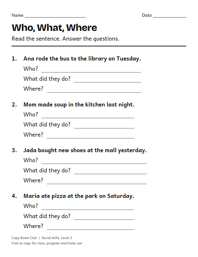 Example of the WH Questions Worksheets printable, Level 2