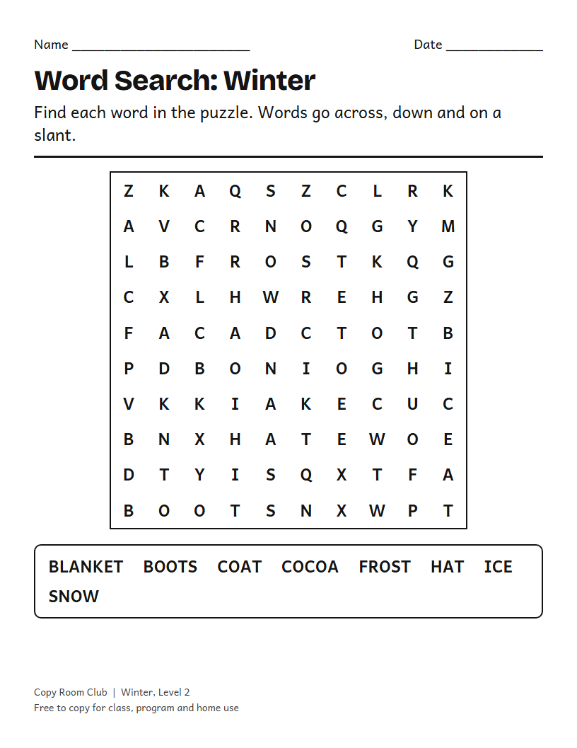 Example of the Winter Word Search (Printable) printable, Level 2