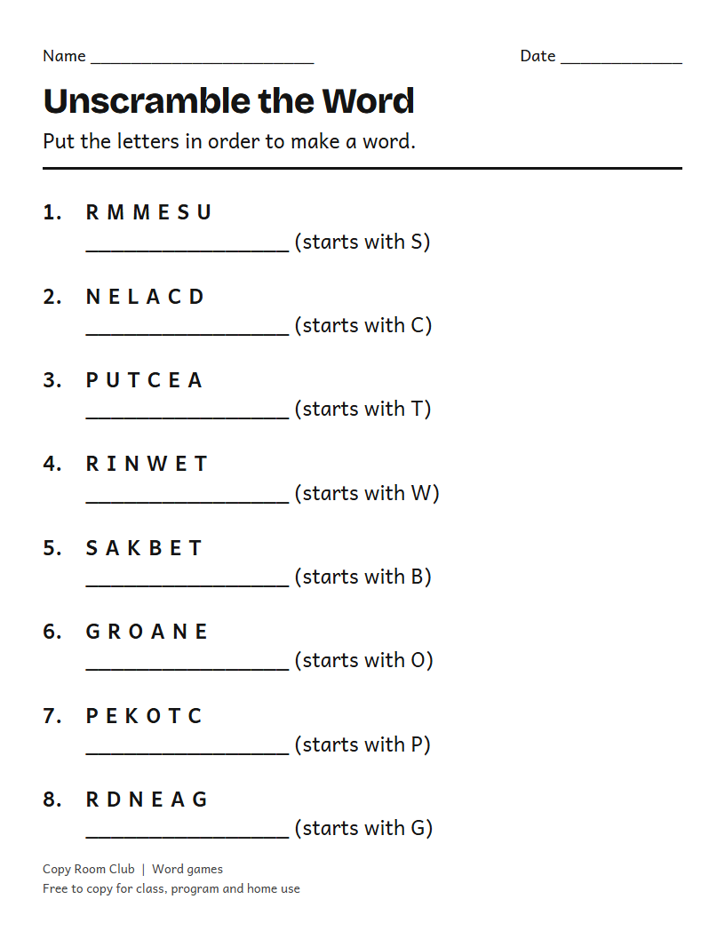 Example of the Word Scramble for Seniors (Large Print) printable, Level 2