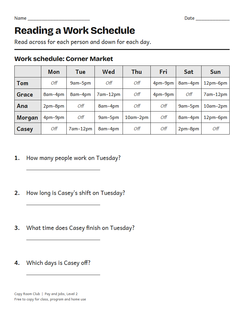 Example of the Reading a Work Schedule Worksheets (Staff Rota) printable, Level 2